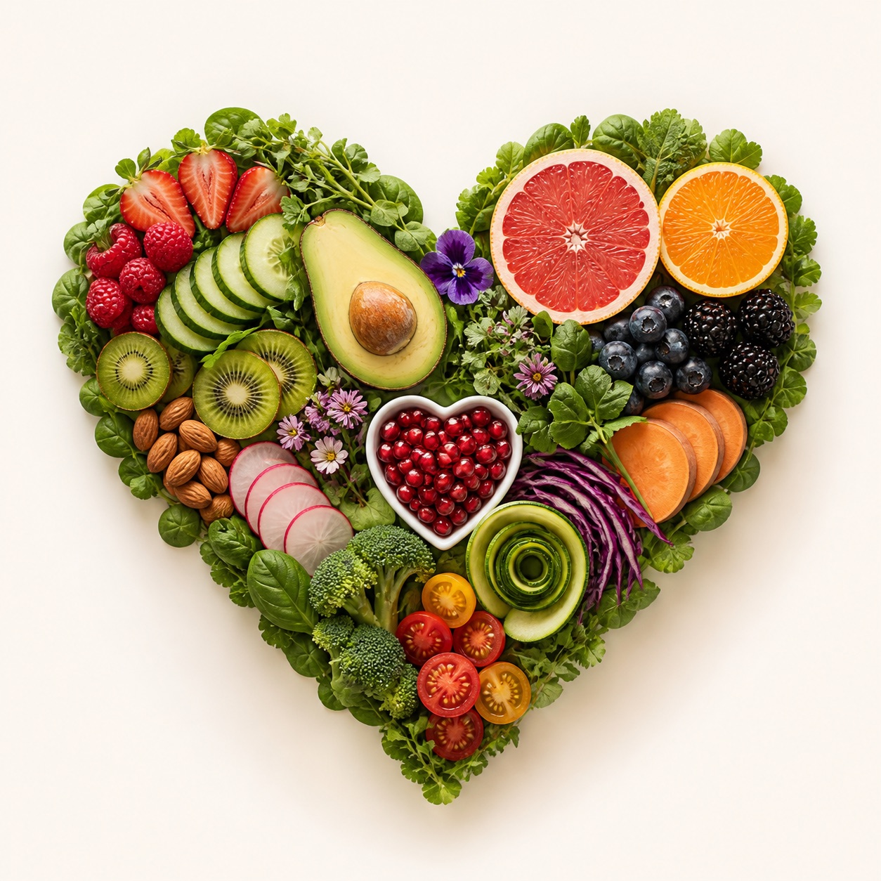 Corazón creado con frutas, verduras y alimentos naturales